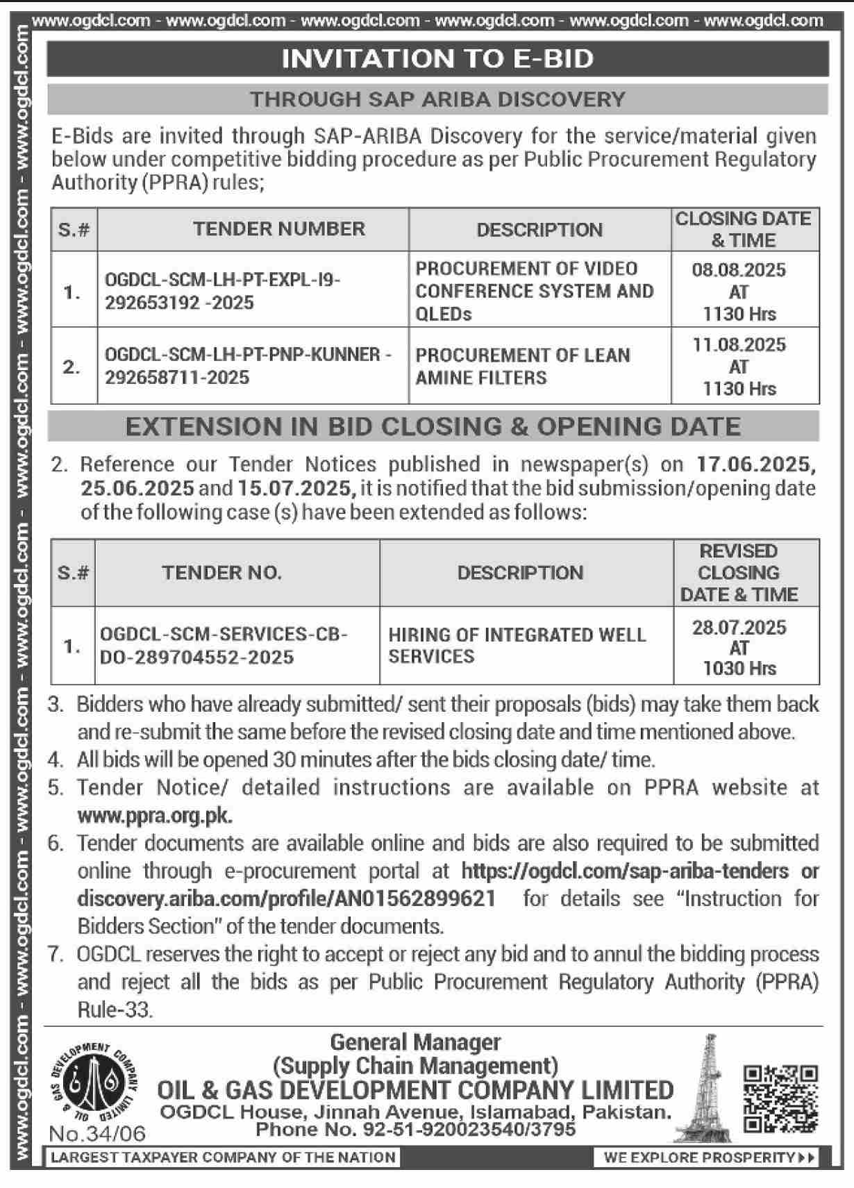 Oil & Gas Development Company Limited Islamabad Tender Notice